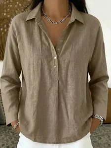 Women's loose casual khaki long-sleeved shirt with lapel collar and button placket