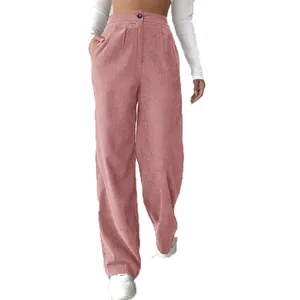Women's high waisted dusty pink corduroy wide leg pants casual straight trousers