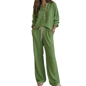 Set da relax in maglia a nido d'ape verde con maglia a maniche lunghe e pantaloni larghi