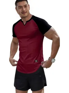Men's slim fit raglan short sleeve t-shirt in burgundy and black with v-neck design
