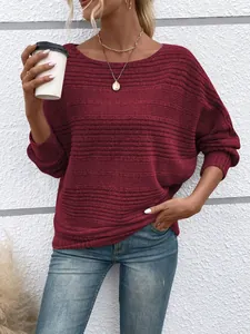 Detailed texture of a maroon long-sleeve knit pullover with a round neck.
