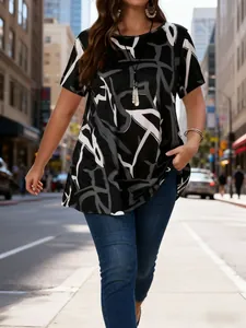 Dames Grote Maat Casual Abstracte Print T-Shirt Ruime Pasvorm Korte Mouw Polyester Top Zwart Wit Grafisch Tee