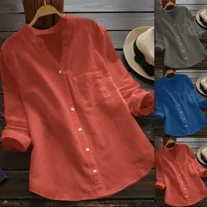 Chemise en Coton et Lin Large pour Femmes Col en V Manches Longues Décontractée Couleur Unie Chemisier avec Poche Style Rétro Européen