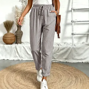 Dames casual gestreepte losse broek met trekkoord in de taille en handige zijzakken