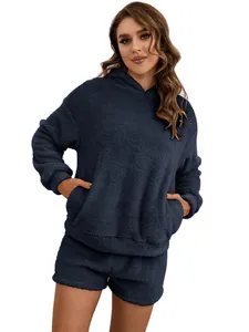 Front view of women's navy blue fuzzy fleece hoodie and shorts loungewear set