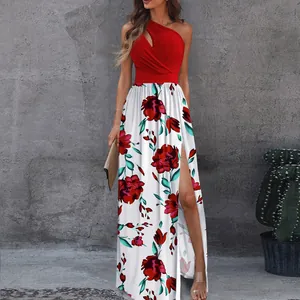 Detail view of a sexy red one-shoulder maxi dress with floral print and high leg slit