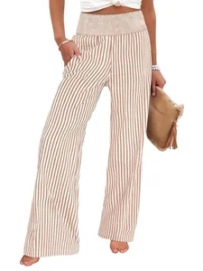 Detailed view of casual women's striped wide-leg trousers featuring a smocked high waist design