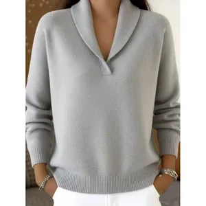 Women V Neck Shawl Collar Long Sleeve Knit Sweater Loose Fit Polyester Solid Color Pullover Retro Casual Elegant Knitwear Top