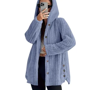 Comfortable light blue hooded fuzzy jacket for women with stylish button detail