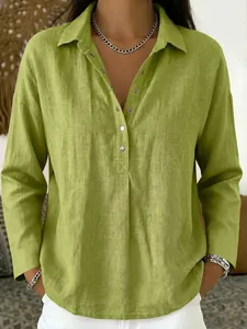 Casual women's loose long-sleeved button shirt with lapel collar in lime green