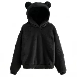 Zachte zwarte fleece hoodie met schattige berenoren en een warme pluche structuur nu