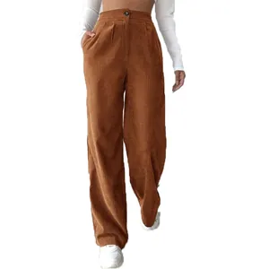 Fashionable brown high-waisted corduroy pants with a loose straight leg fit for women