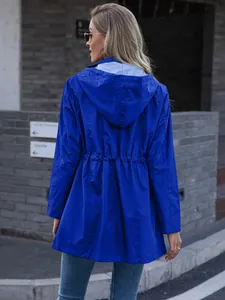 Back view of women's blue mid-length hooded raincoat with adjustable drawstring waist