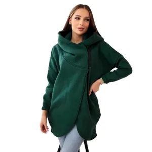 Oversized σκούρο πράσινο φούτερ με κουκούλα φλις και ασύμμετρο κλείσιμο φερμουάρ