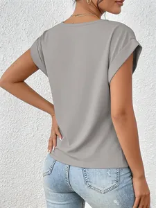 Rear view of a gray short-sleeve T-shirt featuring stylish rolled-up cuffs