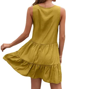 Vestido de verano sin mangas amarillo mostaza corte holgado con dobladillo de volantes