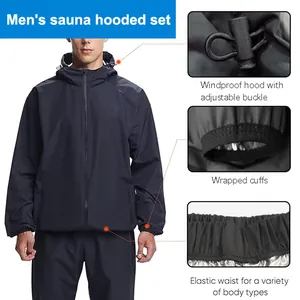 Détails de la combinaison de sauna pour hommes: capuche, poignets et taille élastiques.