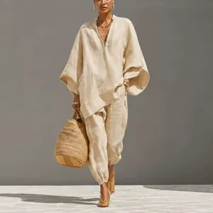 Women Casual Summer V-Neck Batwing Sleeve Top And Bottom Loose Solid Color Vacation Outfits Polyester Woven Leisure Suit