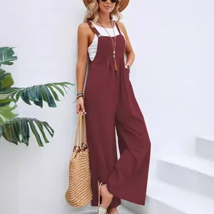 Elegant burgundy wide-leg jumpsuit with pleats and sleeveless casual overalls design