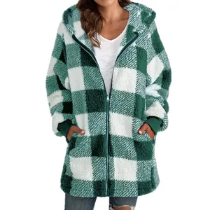 Detailed view of women's green plaid hooded teddy fleece jacket with zipper and pockets