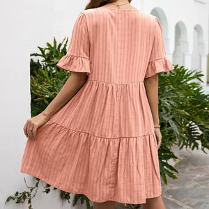 Women's casual loose tiered mid-length dress with short ruffled sleeves in pink