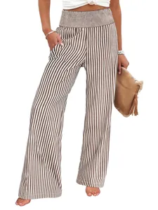 Close-up of striped high-waisted wide-leg pants with smocked waistband.