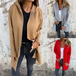 Casual solid color women's hooded jacket with front zip closure and side pockets
