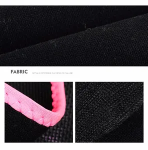 Détail macro d'une ceinture abdominale noire avec coutures roses et tissu respirant
