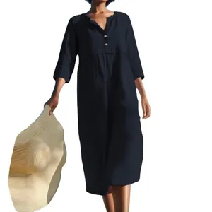 Elegant dark blue cotton linen midi dress featuring a button neckline and mid-length sleeves