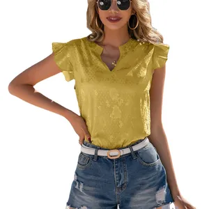 Elegant women's yellow satin V-neck blouse featuring ruffled sleeves for office wear