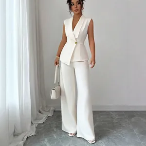 Elegante Gilet Senza Maniche a Tinta Unita e Pantaloni a Gamba Dritta Top And Bottom da Donna Casual Misto Poliestere