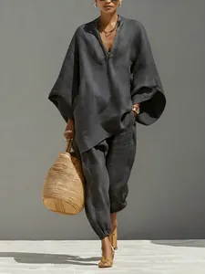 Graues Damen-Loungewear-Set mit Fledermausärmeln und V-Ausschnitt in Leinenoptik