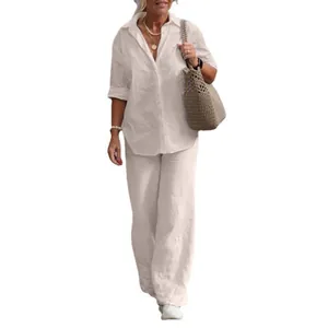 Elegant casual women's two-piece linen set with long-sleeved lapel shirt and wide-leg pants