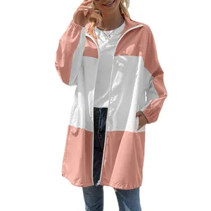 Women's pink and white color-block hooded waterproof outdoor hiking jacket with pockets
