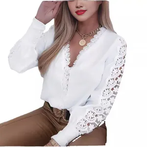Elegante camicetta bianca a maniche lunghe con scollo a V e pizzo per donna