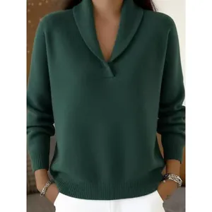 Elegant dark green long sleeve knit sweater with a stylish shawl collar and V-neckline