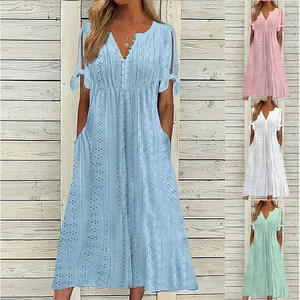 Robe Midi Décontractée pour Femmes Col en V Dentelle à Oeillets Taille Haute Coupe Trapèze Manches Courtes Couleur Unie Été