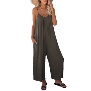 Tuta casual da donna con spalline sottili in grigio oliva a tinta unita con tasche