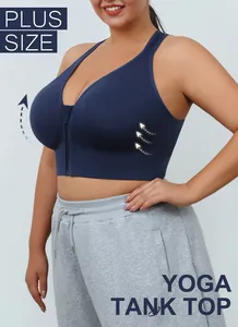Detail view of navy blue plus size front-zipper sports bra with high-impact support