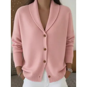 Cardigan Casual da Donna in Maglia di Acrilico Tinta Unita Maglione Largo a Manica Lunga Collo a Scialle Morbida Maglieria
