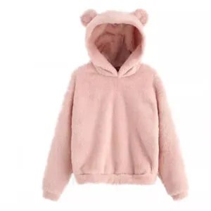 Roze pluche hoodie met berenoren op de capuchon, warme herfst- en winterkleding.