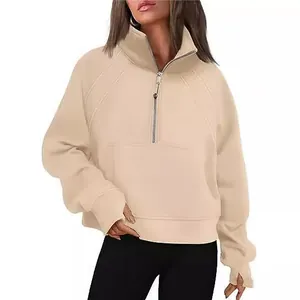 Women's cozy half-zip cropped sweatshirt with stand collar in solid beige fleece