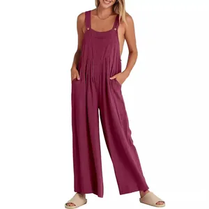 Salopette casual ampia in cotone e lino bordeaux con gamba larga per donne eleganti