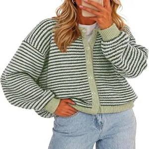 Detail showing the green striped knit texture and round neck design of the cardigan