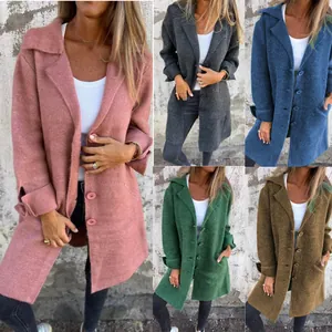 Detailed view of mid-length lapel cardigan coat in multiple solid colors for women