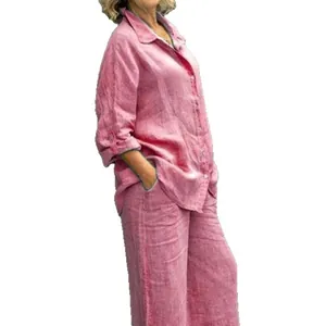 Damen Leinen-Set in Rosa mit lässigem Hemd und weiten Hosen, ideal für den modischen Alltag