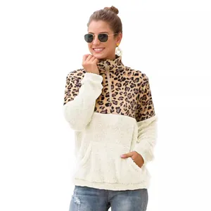 Damen Sherpa-Fleece-Sweatshirt mit Leopardenmuster, halbem Reißverschluss und Tasche