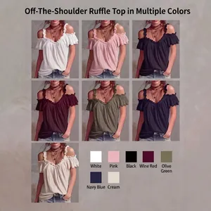 Top multicolor con hombros descubiertos de algodón y lino con volantes