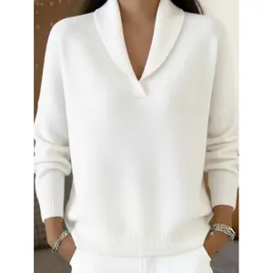 Elegant white shawl collar V-neck knit sweater with long sleeves and loose fit for women.