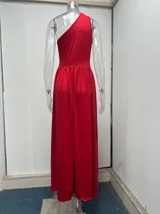 Detailed back view of a red one-shoulder high-waist sleeveless maxi dress on mannequin